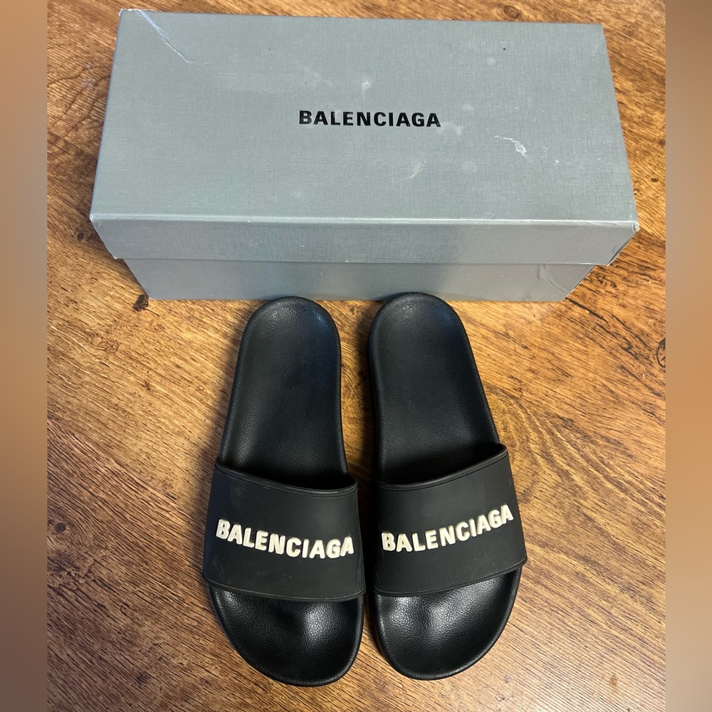 Balenciaga Black Slides with Gold Logo